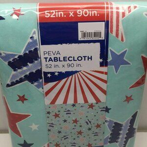 Patriotic PEVA Tablecloth 52 In X 90 In Aqua Red White Blue Stars Rectangular
